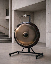 a large gong on a stand in an empty room